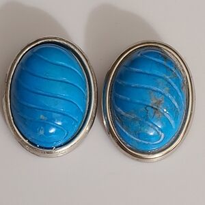 HUGE turquoise earrings clip on vintage natural silver carved Robin's egg blue ?